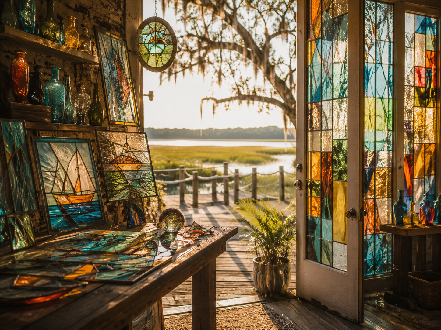 Colorful glass artwork in a coastal studio